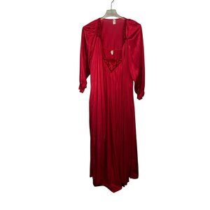 Vintage Mary Jane Size Medium Red Gown & Robe Penoir Set Long Lace Accents